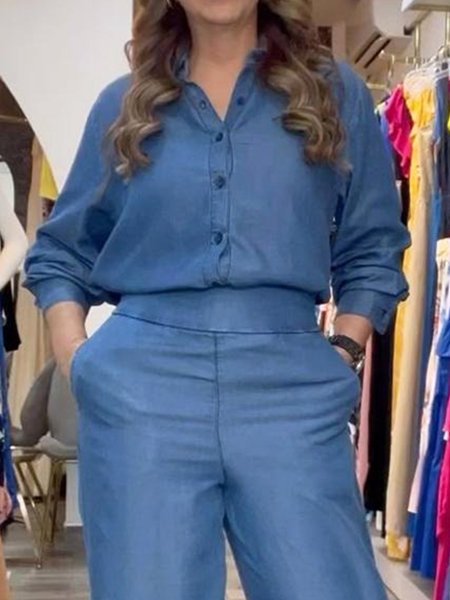 Daily Casual Shirt Collar Faux Denim Plain Blouse, Blue, Blouses and Shirts