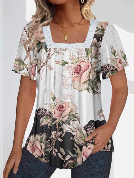 Knitted Casual Floral Loose Shirt, Dark blue, Shirts & Blouses
