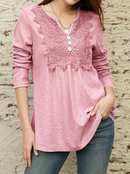 

Lace Notched Casual Loose Ruched Blouse, Pink, Shirts & Blouses