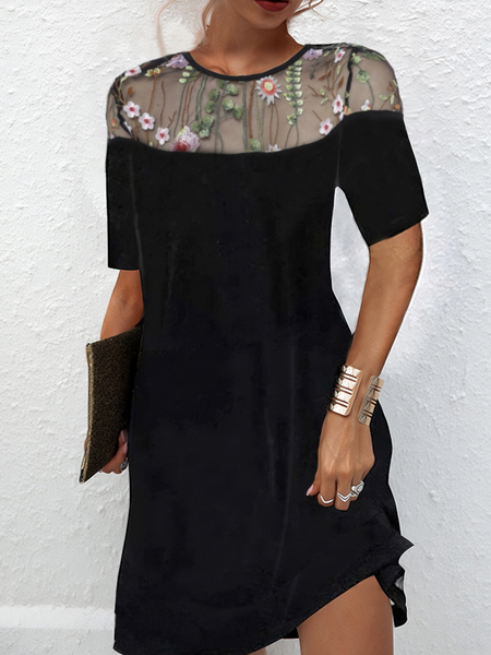 Women Plain Crew Neck Short Sleeve Comfy Casual Embroidery Short Dress, Black, Dresses
Women Plain Crew Neck Short Sleeve Comfy Casual Embroidery Short Dress, Black, Dresses