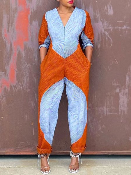 Color Block Pockets Loose Casual V Neck Jumpsuit, As picture, Jumpsuits