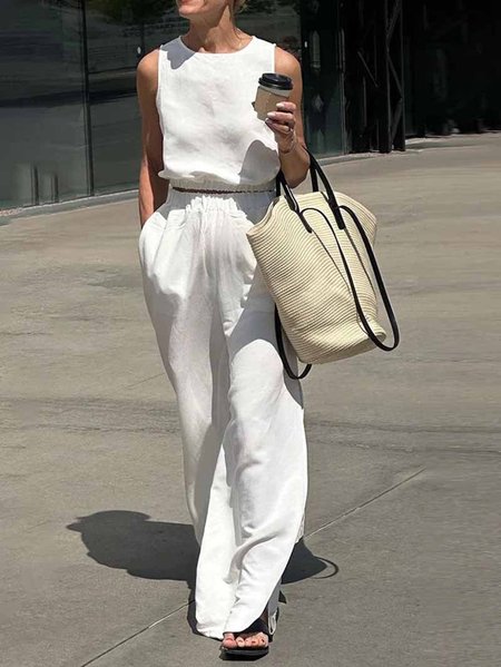 Plain Loose Casual Crew Neck Two-Piece Set, White, Suit Set