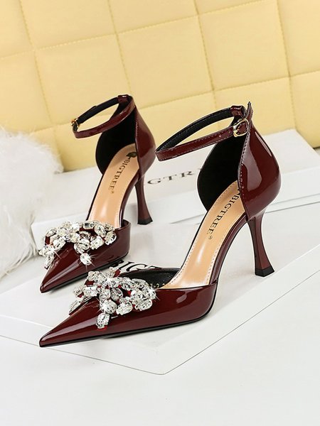 

Rhinestone Bow Patent Leather Ankle Strap Stiletto Heel Hollow Pumps, Wine red, Heels