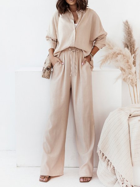 Women Plain Shirt Collar Long Sleeve Comfy Casual Top With Pants Two-Piece Set, Apricot, Sets
Women Plain Shirt Collar Long Sleeve Comfy Casual Top With Pants Two-Piece Set, Apricot, Sets