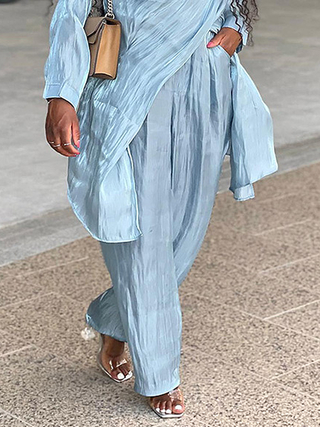 Loose Plain Urban Long Pants Straight pants, Blue, Pants