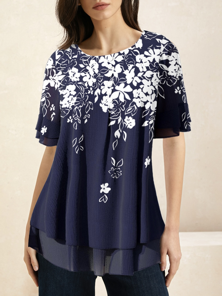 Casual Floral Crew Neck Short Sleeve T-shirt, Purplish blue, T-shirts