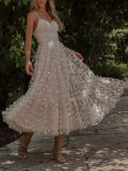 Regular Fit Elegant Spaghetti Plain Dress, White, Dresses