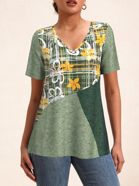 Casual Floral V Neck Short Sleeve T-shirt, Green, T-shirts