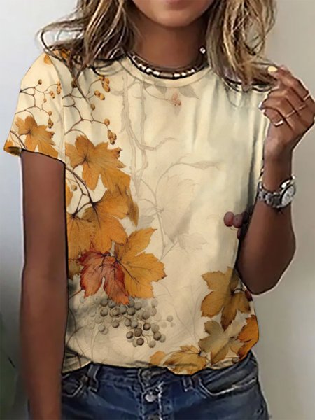 Crew Neck Loose Casual Leaf T-Shirt, Khaki, T-Shirts
