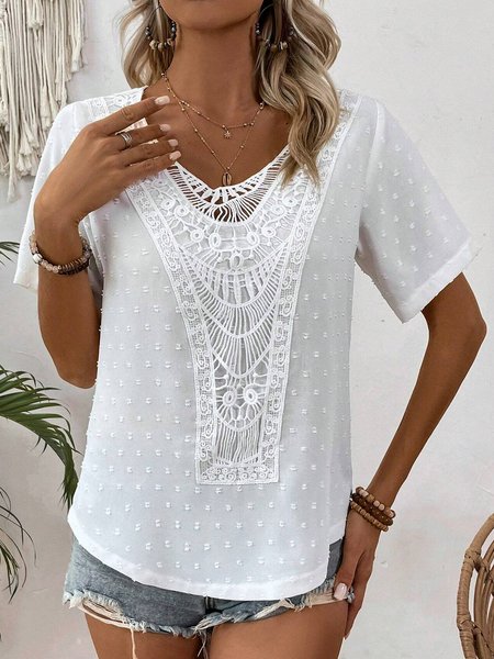 V Neck Short Sleeve Plain Lace Regular Loose Shirt For Women, White, Blouses