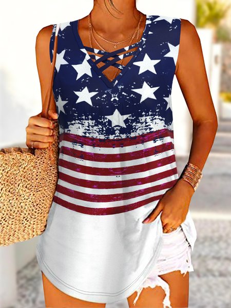 Casual Cross Neck Plain Tank Top, Blue, Tanks & Camis