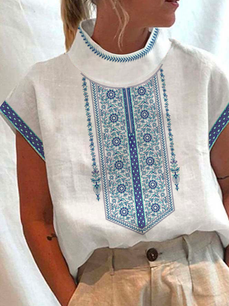 Loose Half Turtleneck Geometric Casual Linen Style Shirt, Blue, Blouses & Shirts
Loose Half Turtleneck Geometric Casual Linen Style Shirt, Blue, Blouses & Shirts