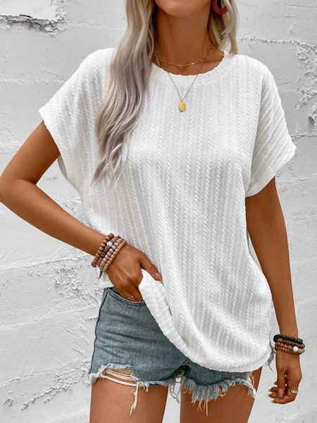 Crew Neck Casual Plain Loose T-Shirt, White, T-Shirts