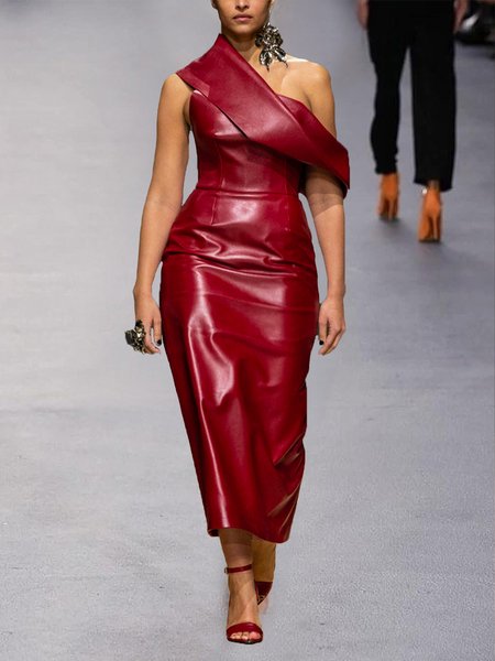 

Plain Asymmetrical Urban Midi Dress With No Belt, Wine red, Maxi Dresses