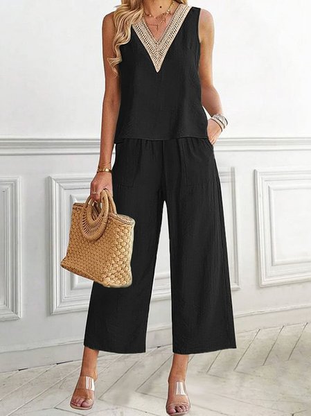 Women Plain V Neck Sleeveless Comfy Casual Lace Top With Pants Two-Piece Set, Black, Sets
Women Plain V Neck Sleeveless Comfy Casual Lace Top With Pants Two-Piece Set, Black, Sets