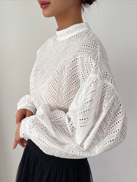 Plain Stand Collar Regular Fit Urban Shirt, White, Blouses and Shirts