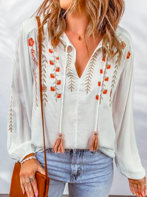 Floral Simple V Neck Loose Linen Style Blouse, White, Blouses & Shirts