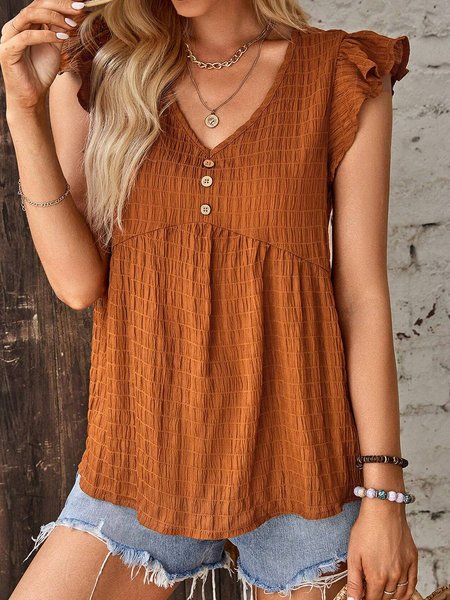 V Neck Cap Sleeve Plain Buckle Regular Loose Shirt For Women, Caramel, Blouses