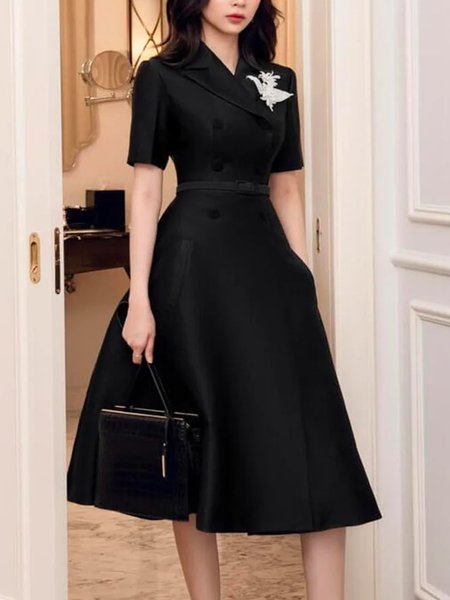 Plain Urban Lapel Collar Regular Fit Midi Dress With Belt, Black, Midi Dresses