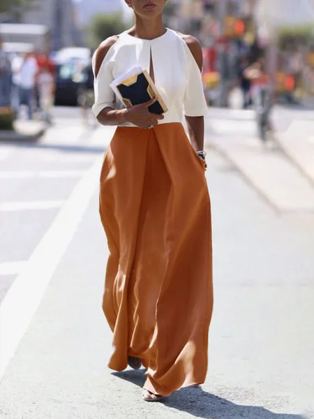

Half Sleeve Urban Pocket Stitching Regular Fit Dress, Orange, Maxi Dresses