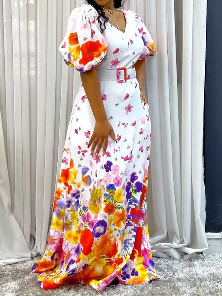 Regular Fit V Neck Short Sleeve Elegant Maxi Dress, As picture, Maxi Dresses