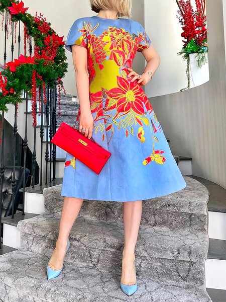 Elegant Regular Fit Crew Neck Midi Dress With No Belt, As picture, Midi Dresses