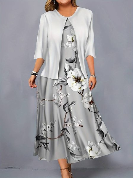 Elegant Crew Neck Loose Two-Piece Set, Gray, Dresses