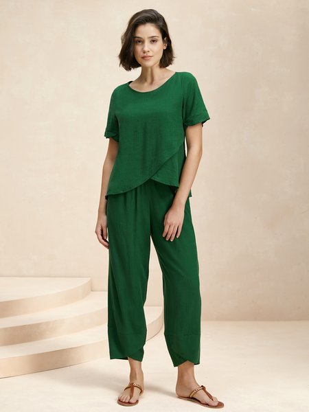 Women Plain Crew Neck Short Sleeve Comfy Casual Top With Pants Two-Piece Set, Green, Sets
Women Plain Crew Neck Short Sleeve Comfy Casual Top With Pants Two-Piece Set, Green, Sets