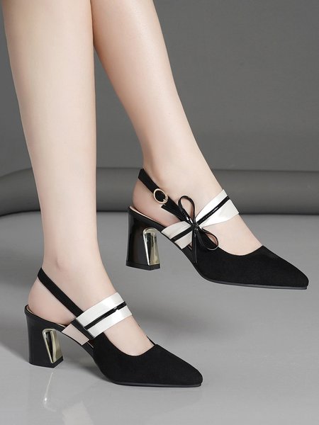 Elegant Bowknot Color-block Chunky Heel Slingback Pumps, Black, Shoes