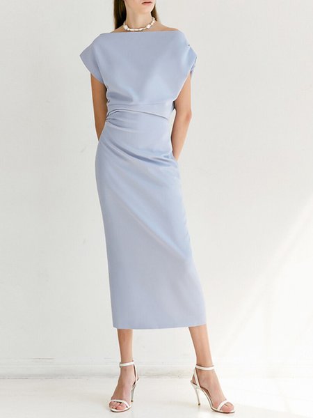 Elegant Regular Fit Ruched Asymmetrical Plain Dress, Light blue, Maxi Dresses