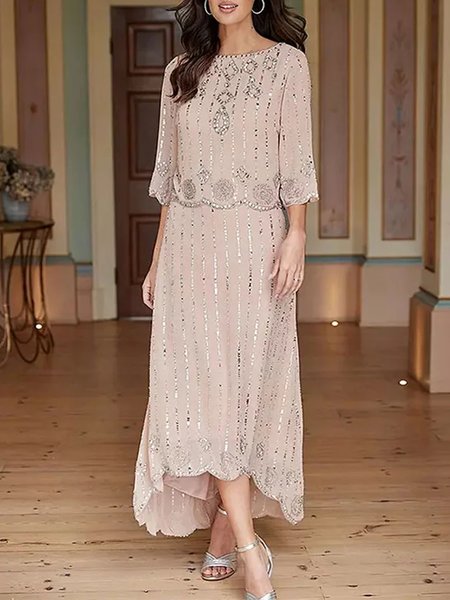 Plain Loose Elegant Chiffon Dress, Nudepink, Dresses