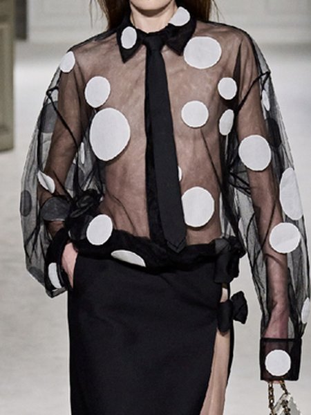 Shirt Collar Urban Loose Organza Blouse, Black-white, Blouses and Shirts