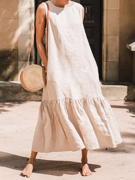 Crew Neck Simple Linen Style Dress, Apricot, Maxi Dresses