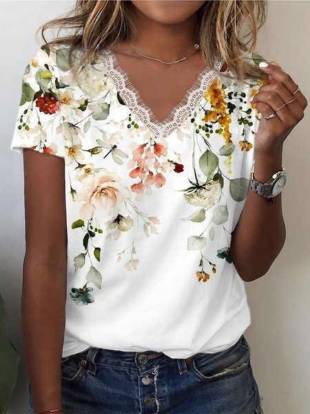 Lace Casual Jersey Floral T-Shirt, Lightgreen, T-Shirts