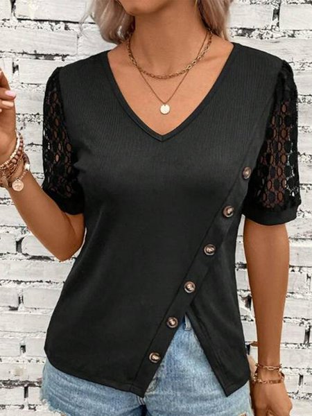 

Lace Plain Buttoned Elegant Shirt, Black, Shirts & Blouses