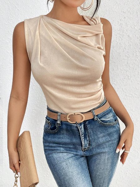 

Daily Plain Sleeveless Ruched Tank Top, Apricot, Tanks and Camis