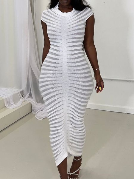 Crew Neck Urban Long Tight Dress, White, Maxi Dresses