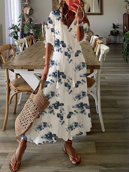 Women Floral V Neck Half Sleeve Comfy Casual Maxi Dress, White, Maxi