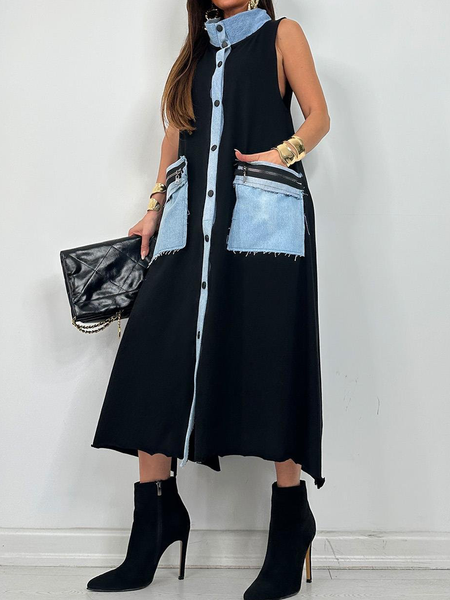 Loose Elegant Stand Collar Sleeveless Color Block Midi Dress, Black, Midi Dresses