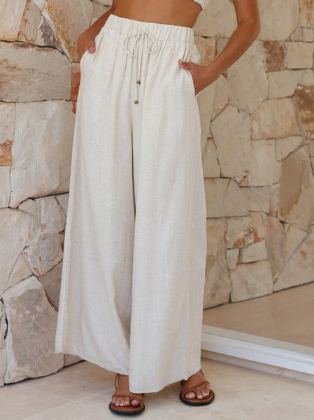 Pocket Stitching Cotton And Linen Casual Plain Pants, Light khaki, Pants