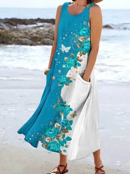 Loose Vacation Crew Neck Floral Dress, White-blue, Dresses