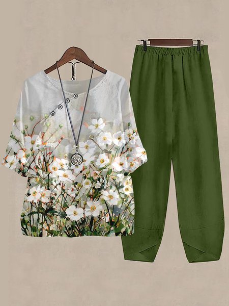Asymmetrical Collar Linen Loose Floral Pattern Two-Piece Set, Green, Suit Set
Asymmetrical Collar Linen Loose Floral Pattern Two-Piece Set, Green, Suit Set