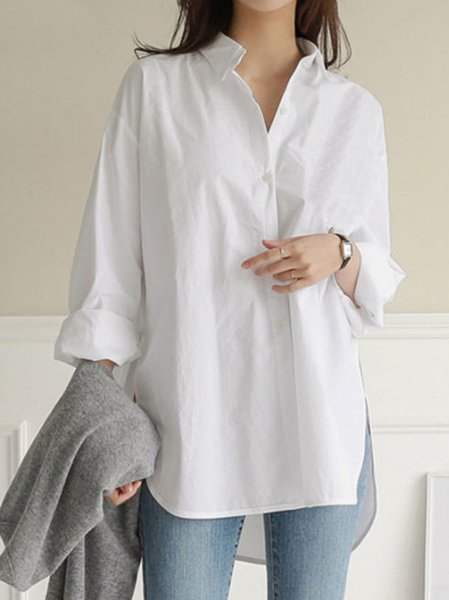 Casual Plain Loose Shirt Collar Blouse, White, Shirts & Blouses