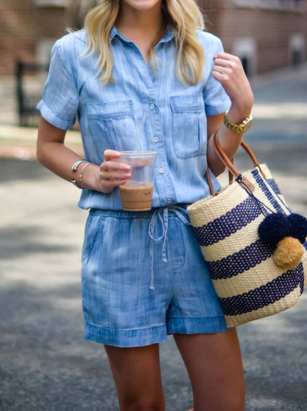Plain Loose Denim Casual Jumpsuit, Blue, Jumpsuits&Rompers