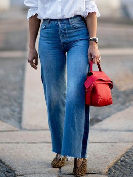 Urban Color Block Denim High Waist Jeans, Blue, Jeans