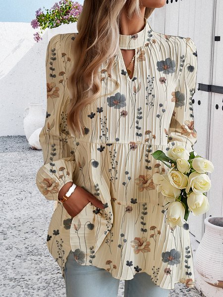 Stand Collar Long Sleeve Floral Regular Loose Shirt For Women, White, Blouses