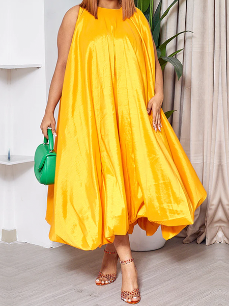 Crew Neck Sleeveless Elegant Plain Loose Maxi Dress, Yellow, Maxi Dresses