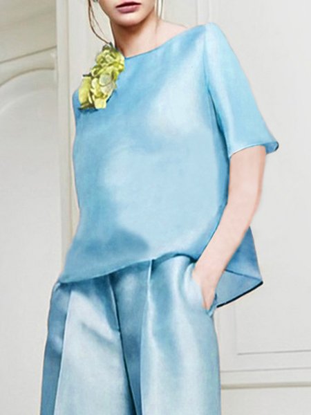 Plain Loose Crew Neck Short Sleeve Daily Shirt With Brooch, Blue, Blouses and Shirts