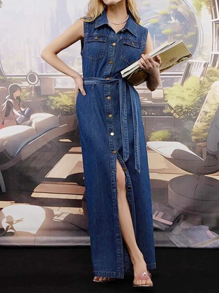 Loose Shawl Collar Washing Process Urban Denim Dress With Belt, Blue, Maxi Dresses