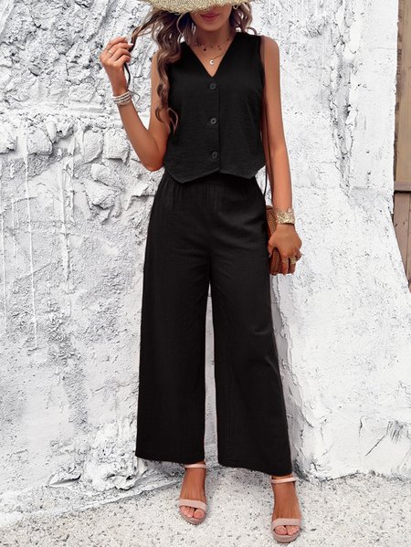 Women Plain V Neck Sleeveless Comfy Casual Top With Pants Two-Piece Set, Black, Sets
Women Plain V Neck Sleeveless Comfy Casual Top With Pants Two-Piece Set, Black, Sets